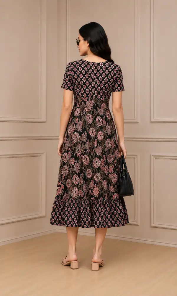 Floral Print Maxi Dress, Black with Pink Flowers Back